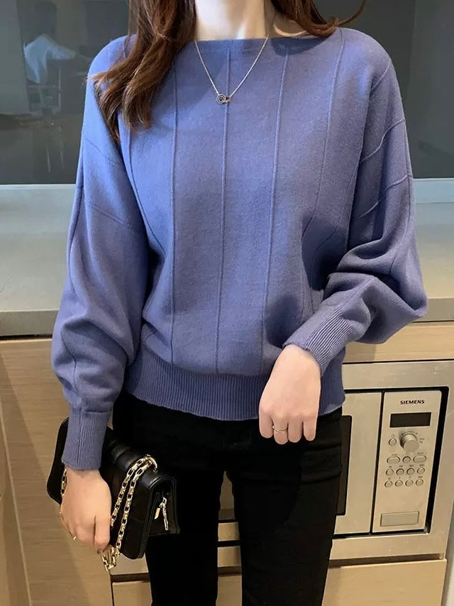 Straight Shoulder Embossed Line Batwing Long Sleeve Oversize Knitted Top