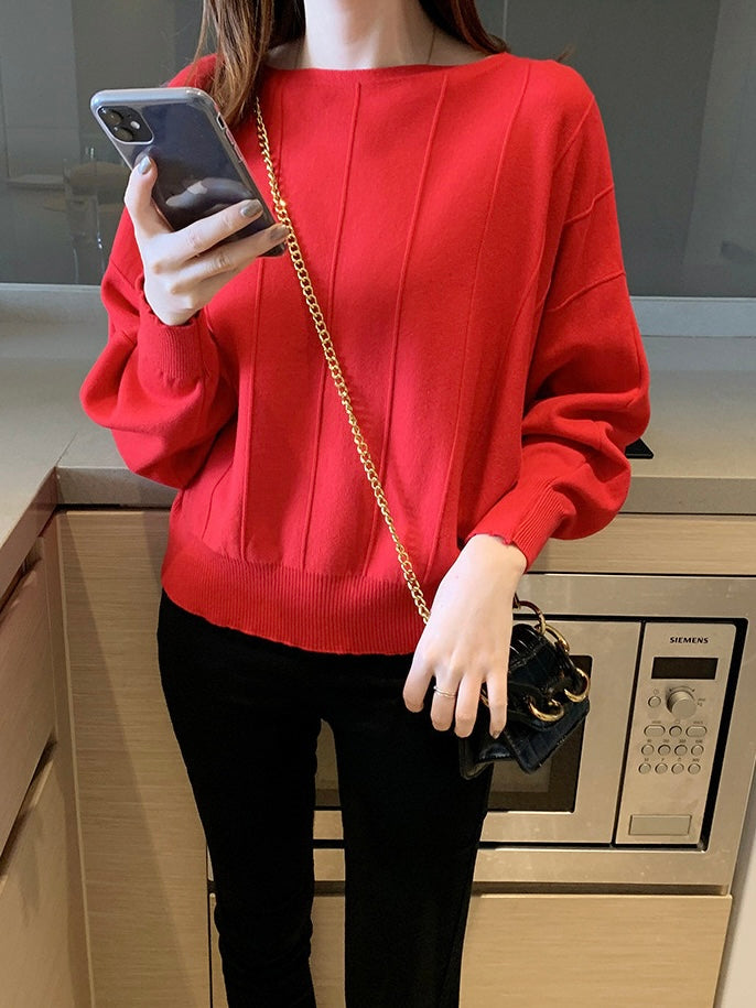 Straight Shoulder Embossed Line Batwing Long Sleeve Oversize Knitted Top