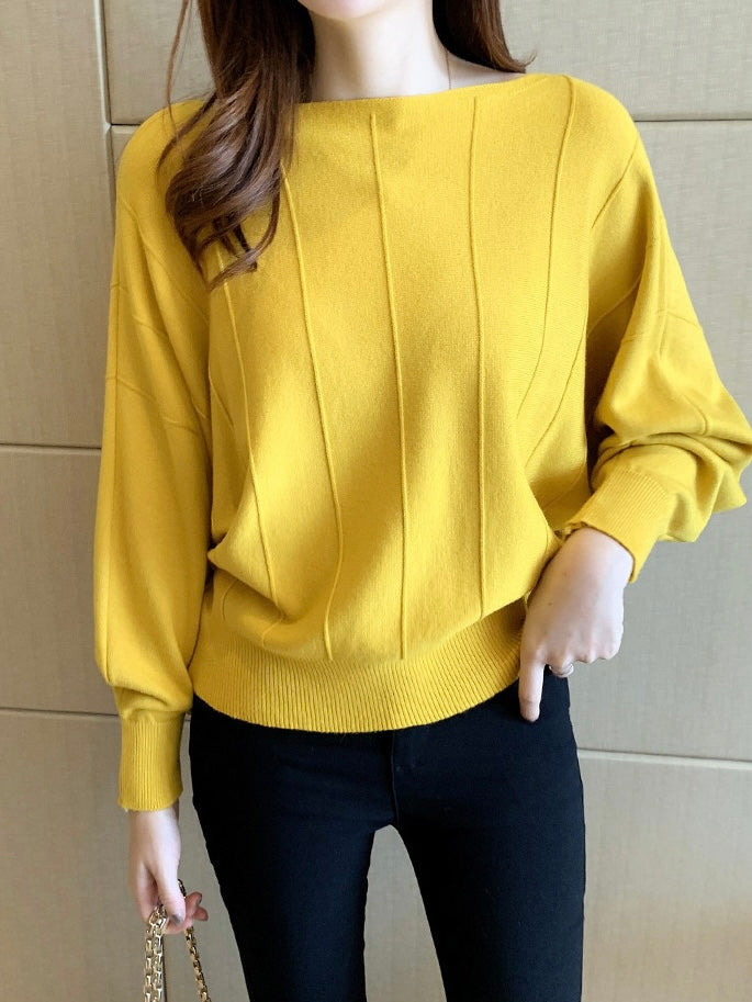 Straight Shoulder Embossed Line Batwing Long Sleeve Oversize Knitted Top