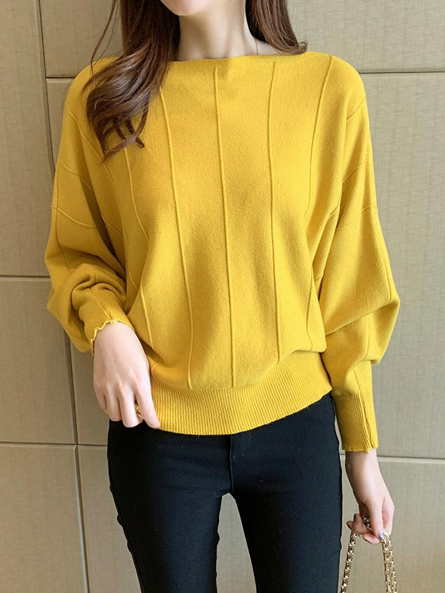 Straight Shoulder Embossed Line Batwing Long Sleeve Oversize Knitted Top