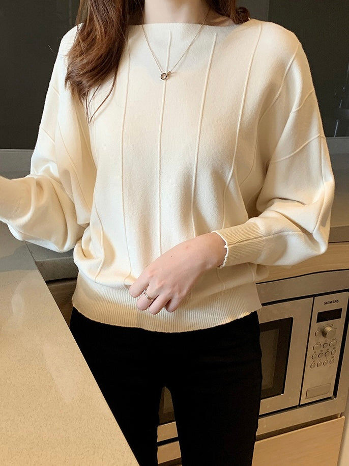 Straight Shoulder Embossed Line Batwing Long Sleeve Oversize Knitted Top