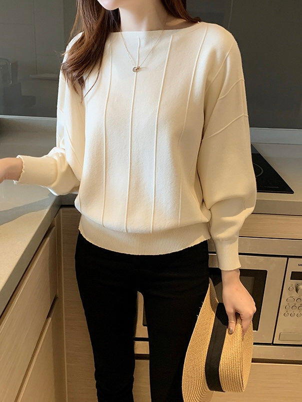 Straight Shoulder Embossed Line Batwing Long Sleeve Oversize Knitted Top