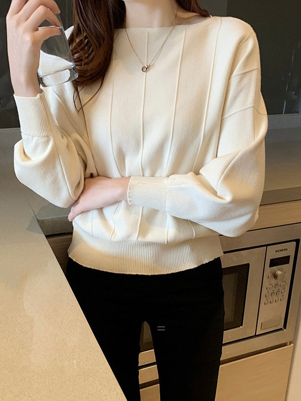 Straight Shoulder Embossed Line Batwing Long Sleeve Oversize Knitted Top