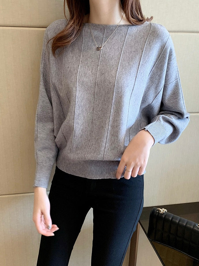 Straight Shoulder Embossed Line Batwing Long Sleeve Oversize Knitted Top