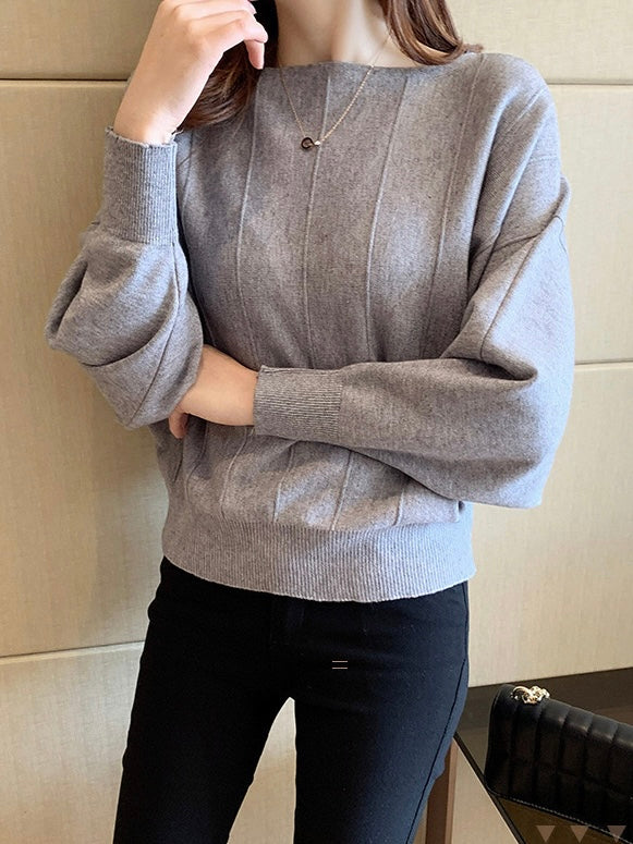 Straight Shoulder Embossed Line Batwing Long Sleeve Oversize Knitted Top