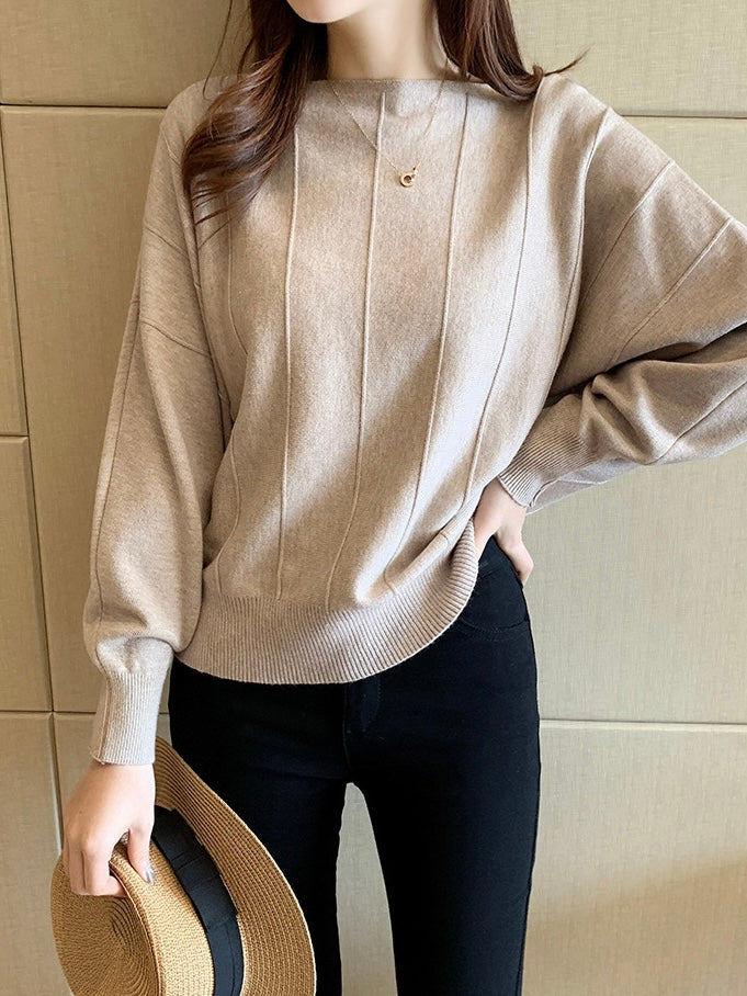 Straight Shoulder Embossed Line Batwing Long Sleeve Oversize Knitted Top