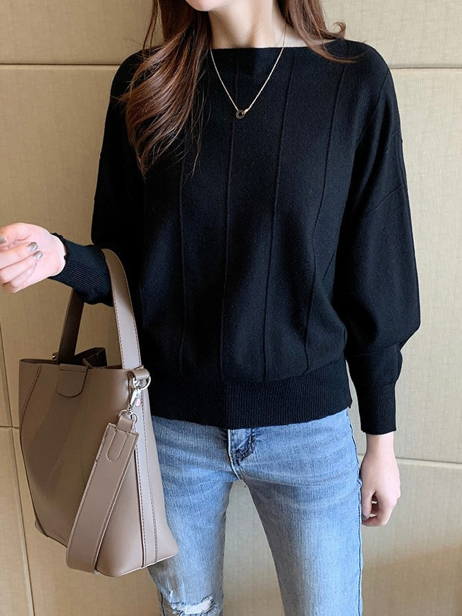 Straight Shoulder Embossed Line Batwing Long Sleeve Oversize Knitted Top