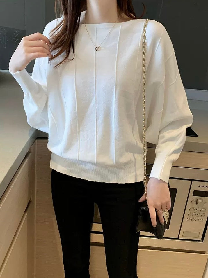 Straight Shoulder Embossed Line Batwing Long Sleeve Oversize Knitted Top