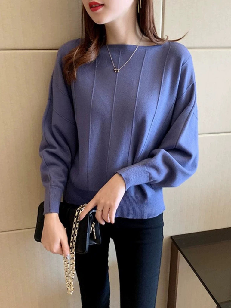 Straight Shoulder Embossed Line Batwing Long Sleeve Oversize Knitted Top