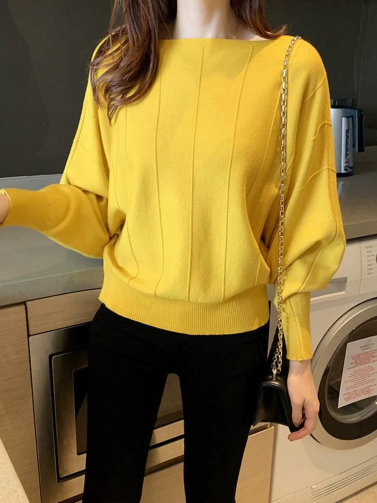 Straight Shoulder Embossed Line Batwing Long Sleeve Oversize Knitted Top