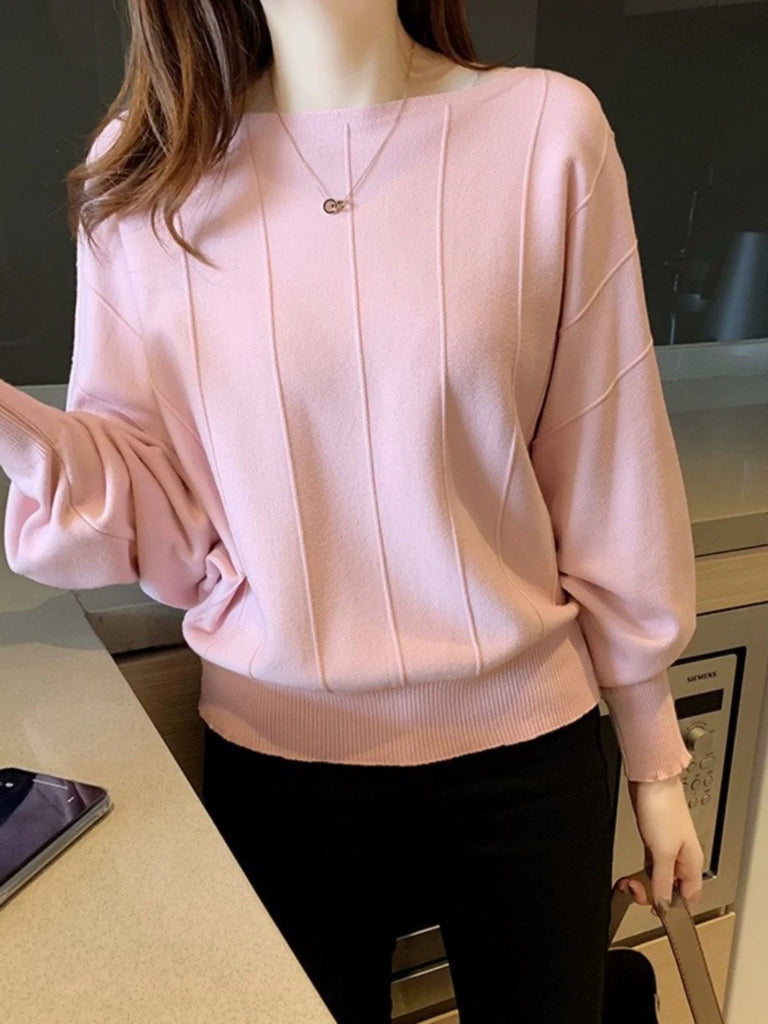 Straight Shoulder Embossed Line Batwing Long Sleeve Oversize Knitted Top