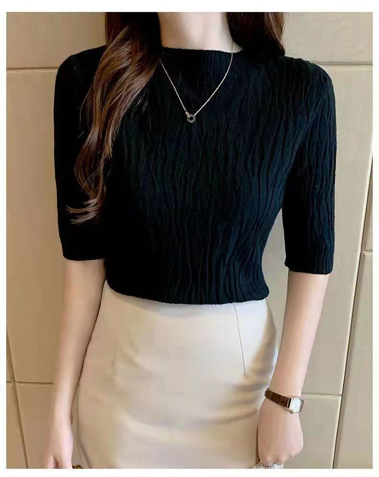 Embossed Wave Pattern Mid Sleeve Soft Knitted Top