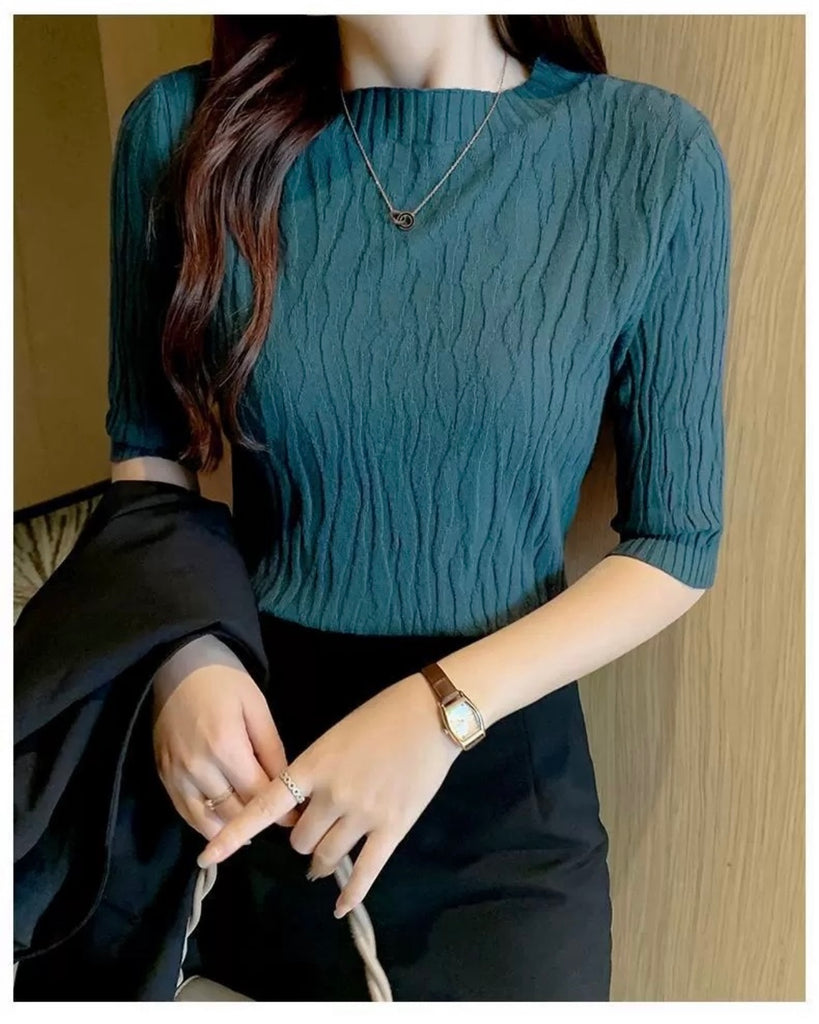 Embossed Wave Pattern Mid Sleeve Soft Knitted Top