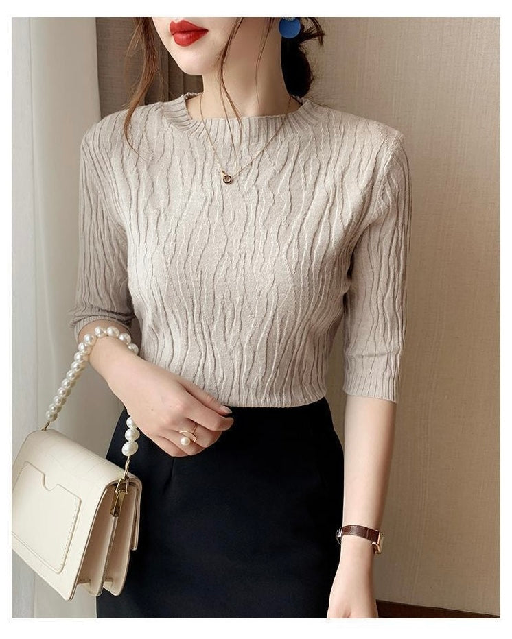 Embossed Wave Pattern Mid Sleeve Soft Knitted Top