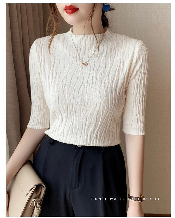 Embossed Wave Pattern Mid Sleeve Soft Knitted Top