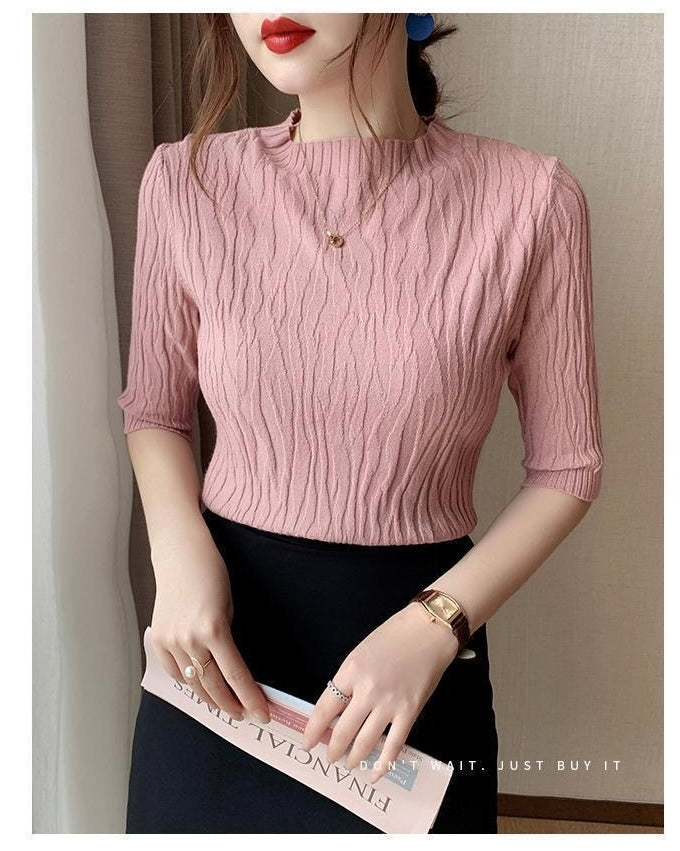 Embossed Wave Pattern Mid Sleeve Soft Knitted Top