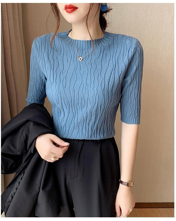 Embossed Wave Pattern Mid Sleeve Soft Knitted Top