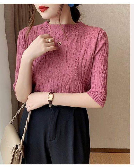 Embossed Wave Pattern Mid Sleeve Soft Knitted Top