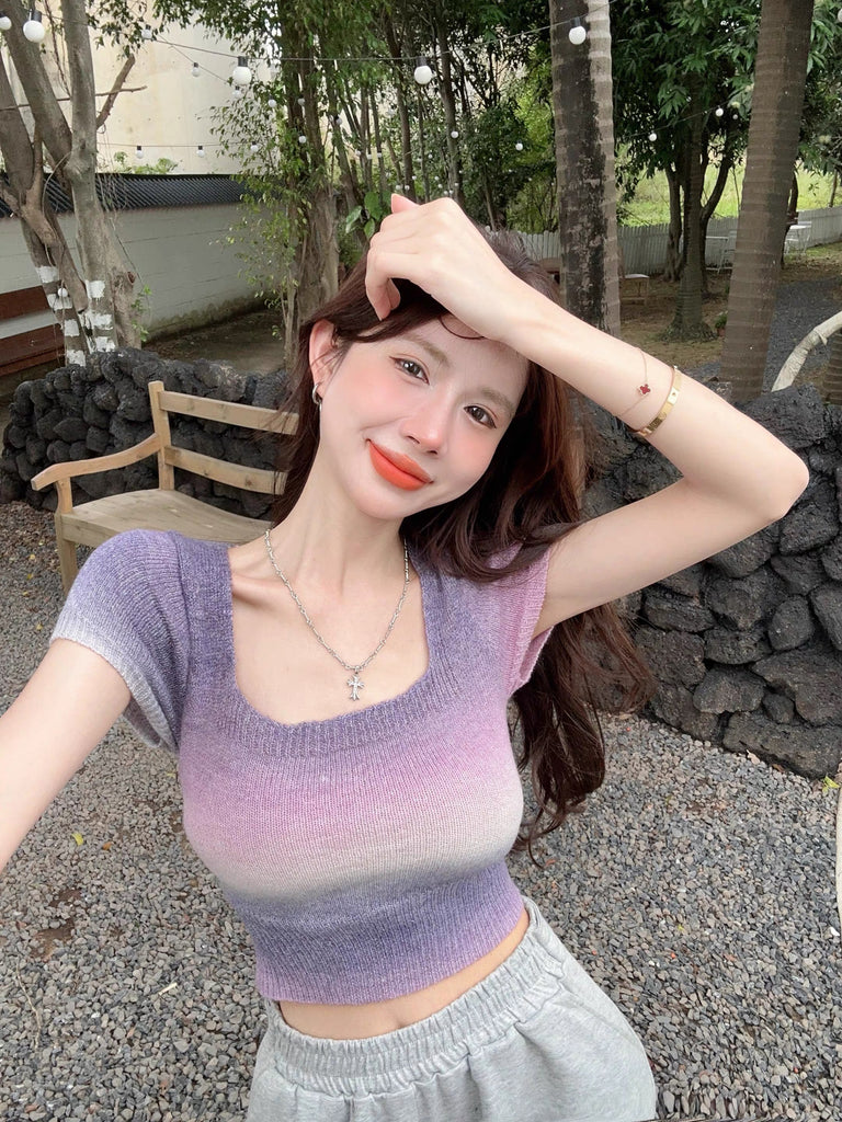 Square Neck Multi Color Woolen Knitted Top