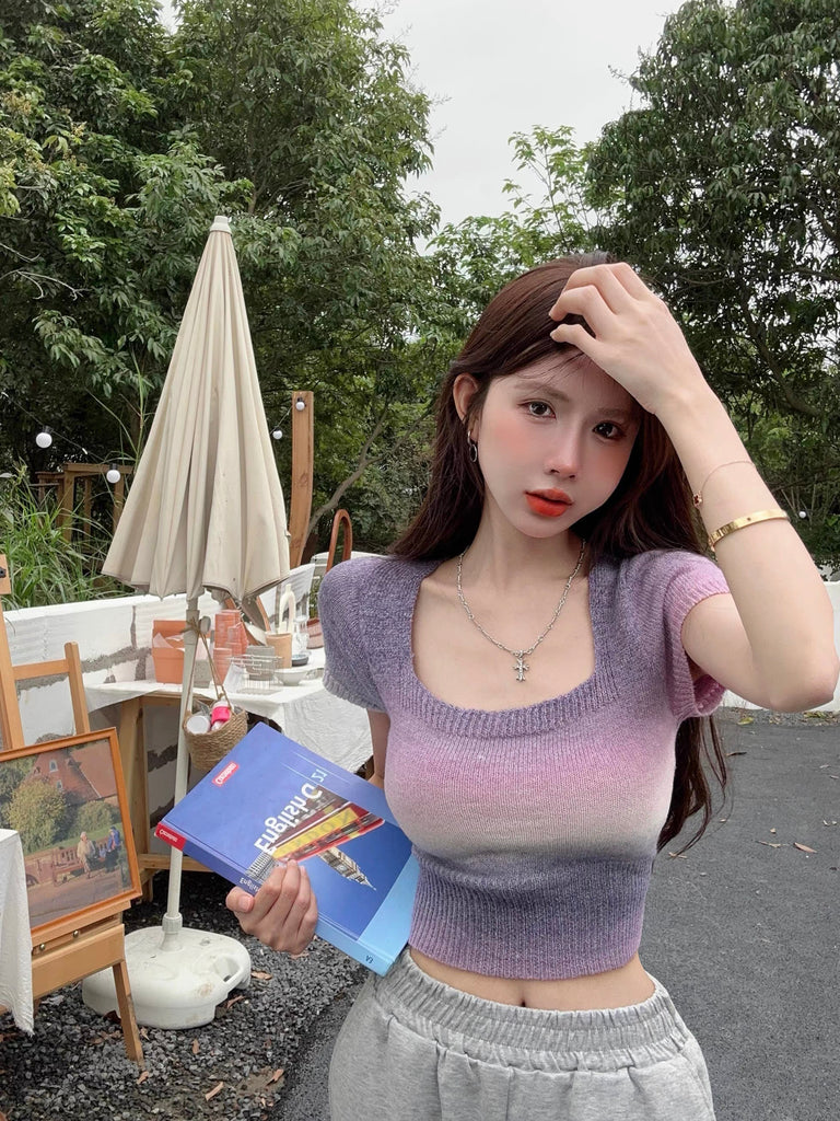Square Neck Multi Color Woolen Knitted Top