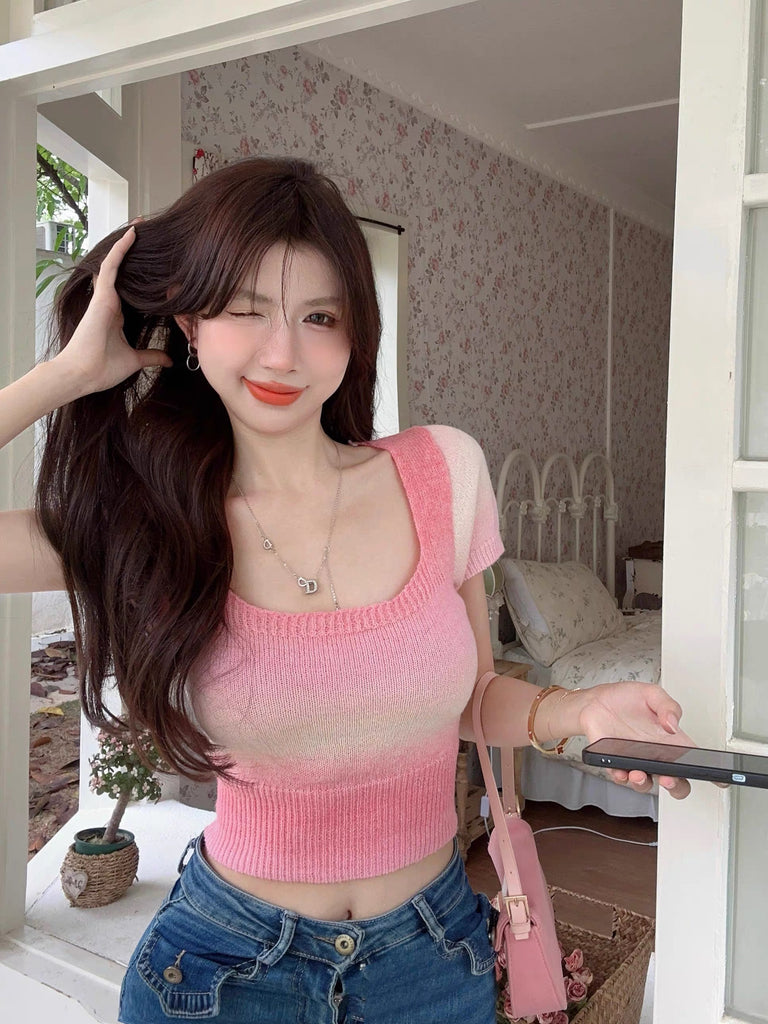 Square Neck Multi Color Woolen Knitted Top