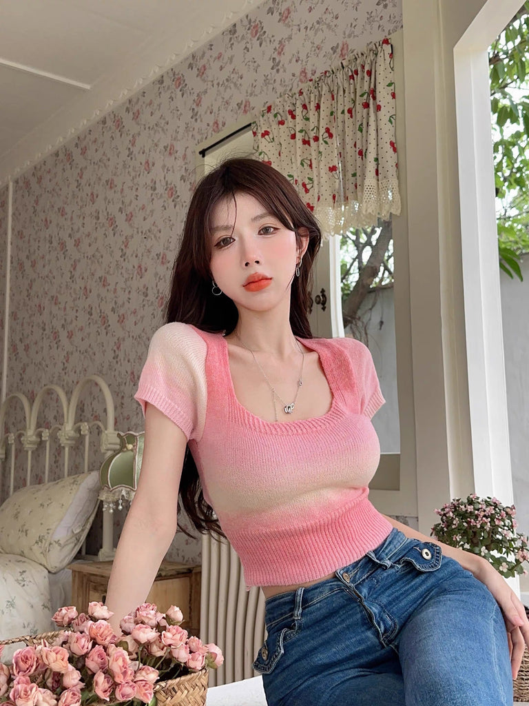 Square Neck Multi Color Woolen Knitted Top