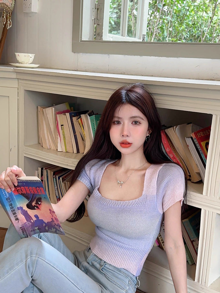 Square Neck Multi Color Woolen Knitted Top