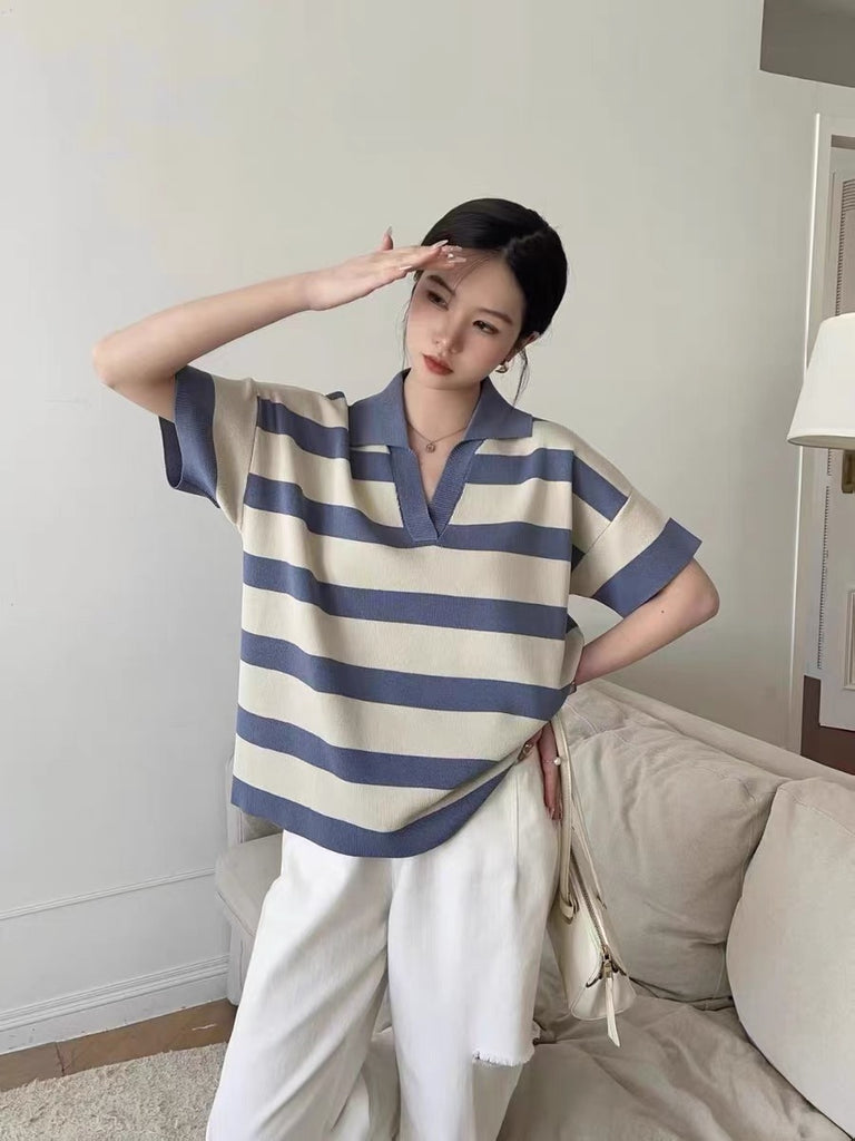 Stripe Polo Neck Patch Sleeve Oversize Knitted Top