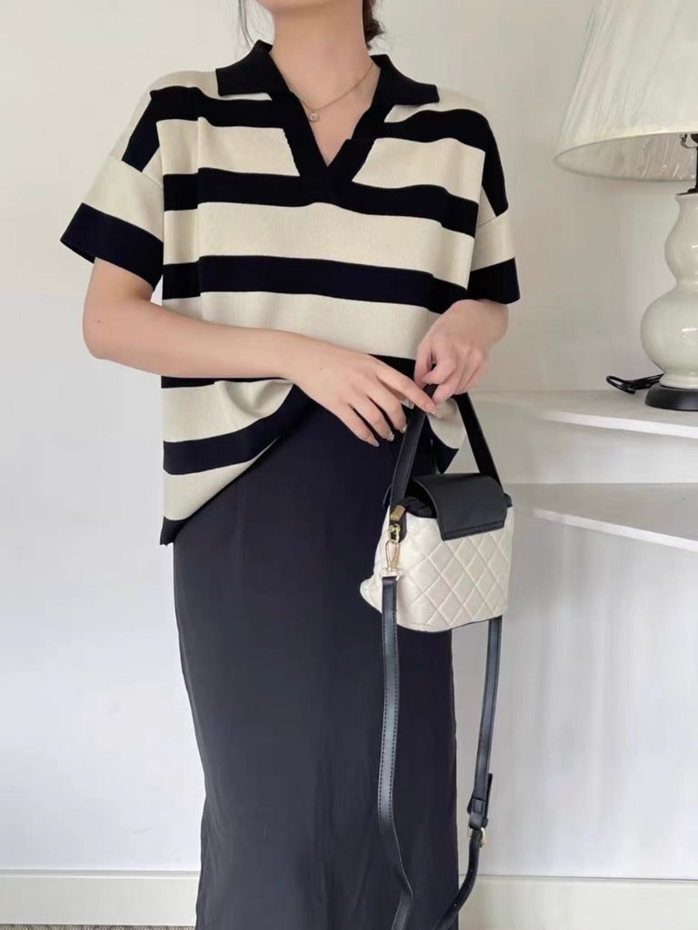 Stripe Polo Neck Patch Sleeve Oversize Knitted Top