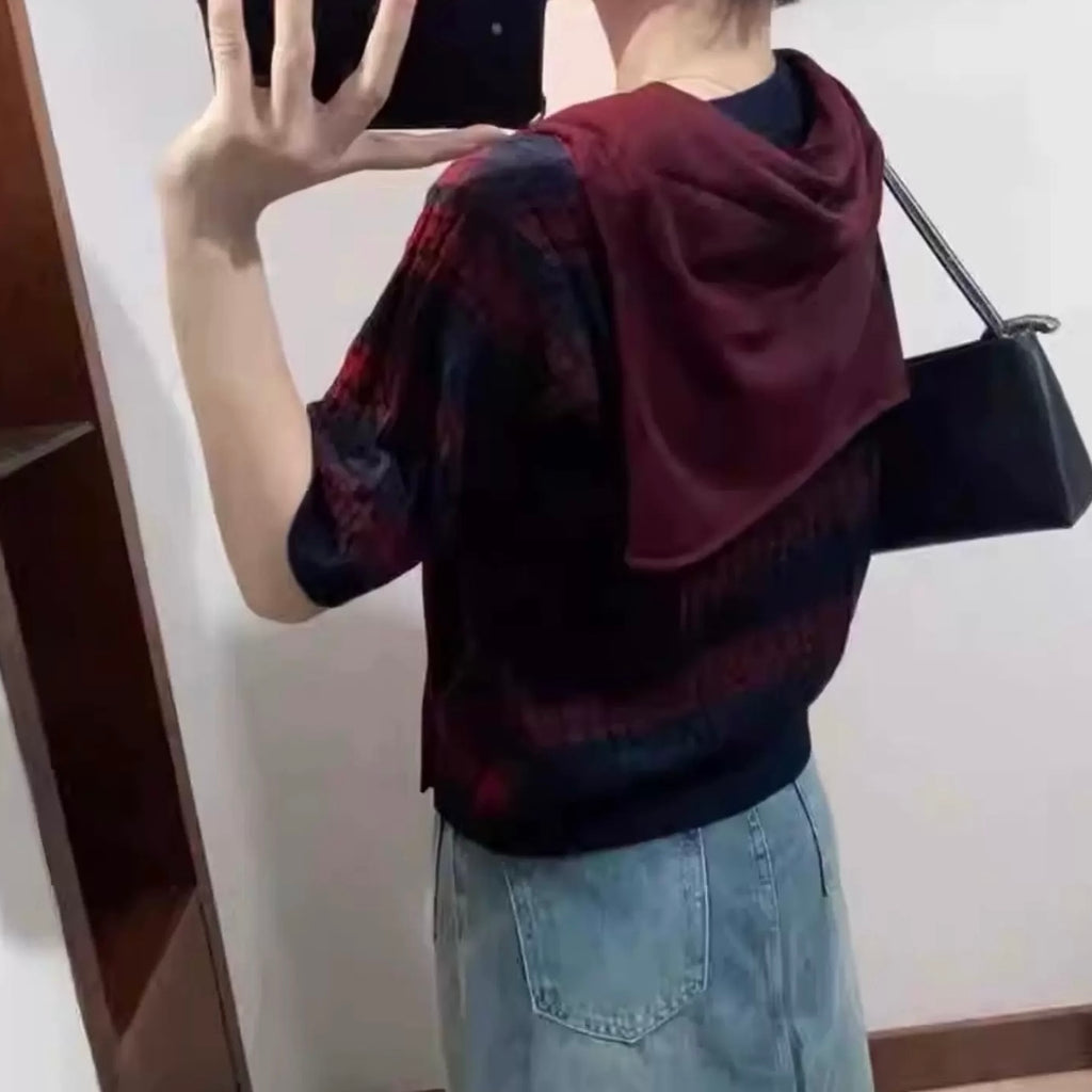 Braided Pattern Stripe Knitted Top & Detachable Shawl 2 in 1 Set