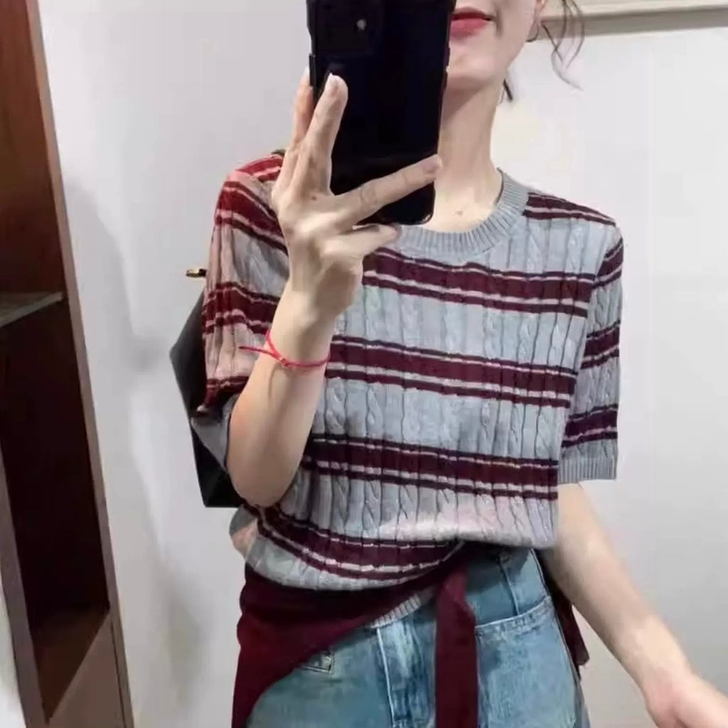 Braided Pattern Stripe Knitted Top & Detachable Shawl 2 in 1 Set