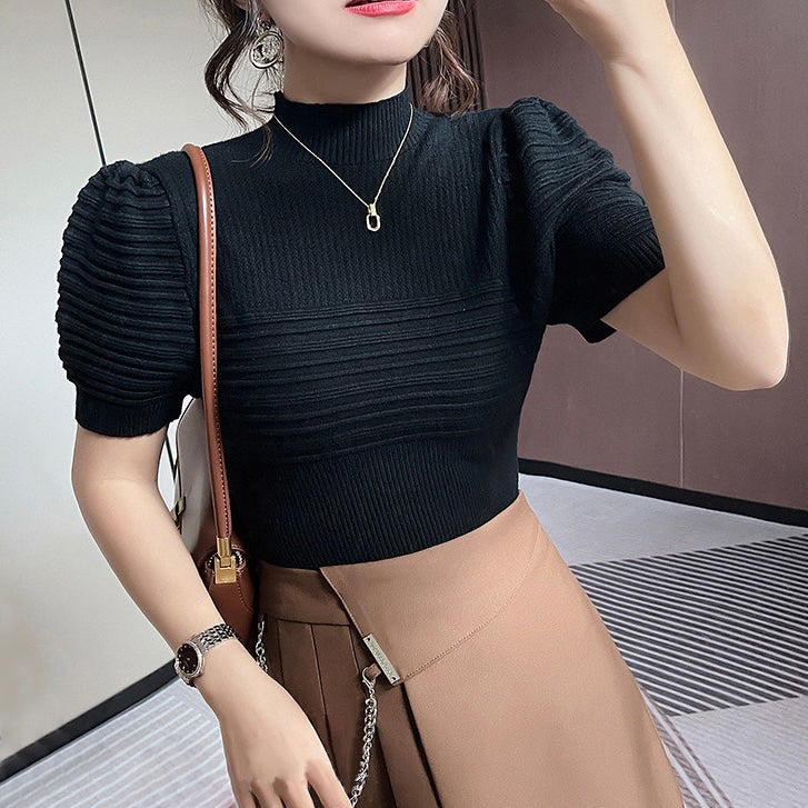 Turtle Neck Puff Sleeve Embossed Knitted Top