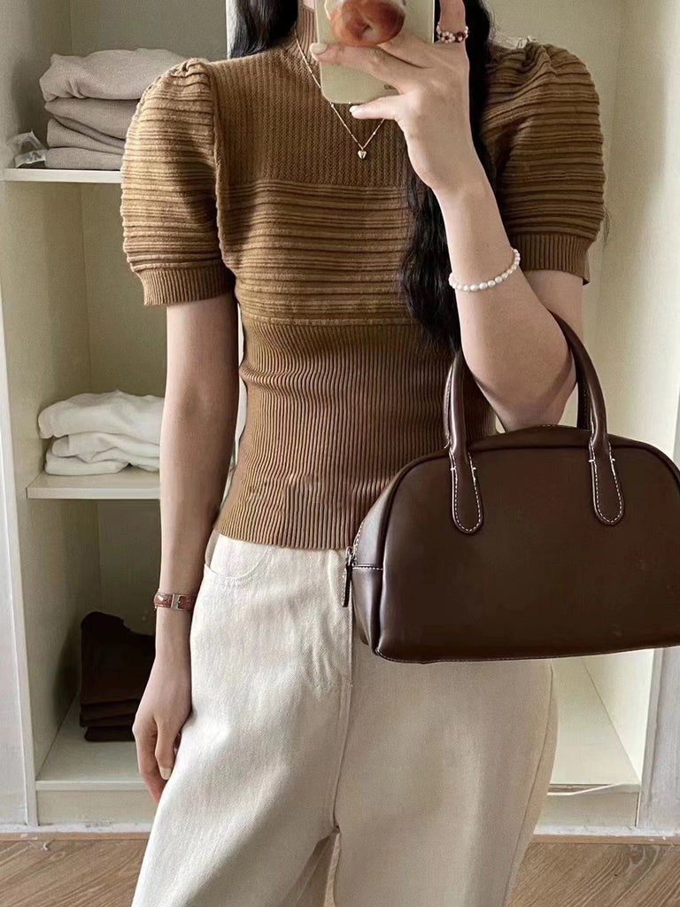 Turtle Neck Puff Sleeve Embossed Knitted Top