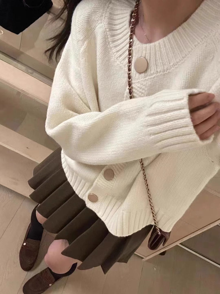 Button Down Solid Woolen Knitted Cardigan Top