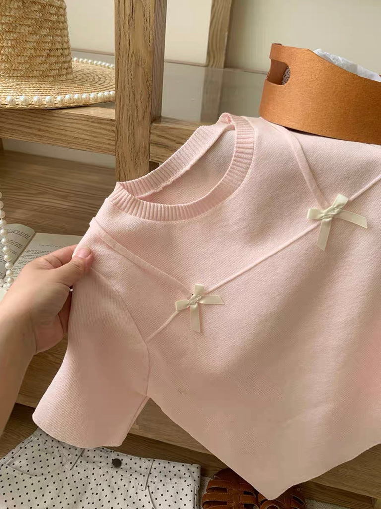 Ribbon Bowknot Round Neck Knitted Top