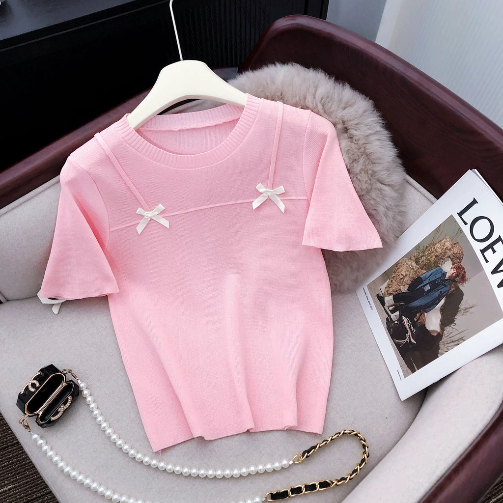 Ribbon Bowknot Round Neck Knitted Top