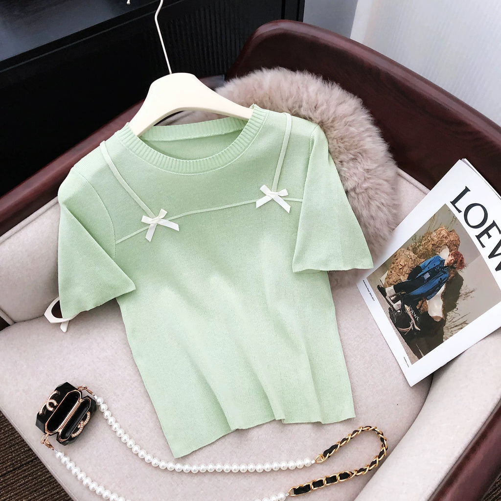 Ribbon Bowknot Round Neck Knitted Top