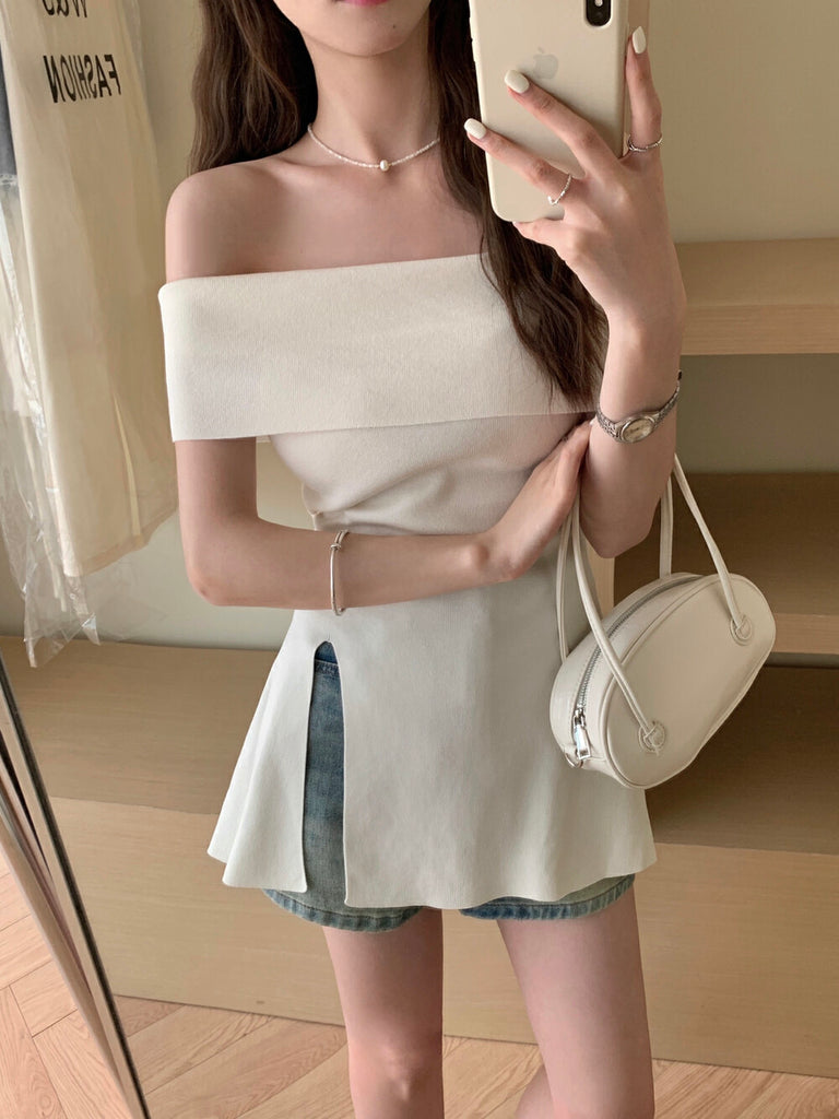 Fold-over Off Shoulder Side Slit Knitted Top