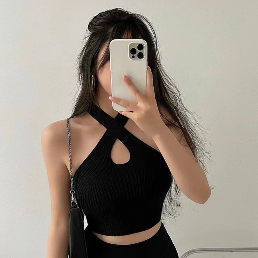Crossover Hater Neck Sexy Knitted Crop Top