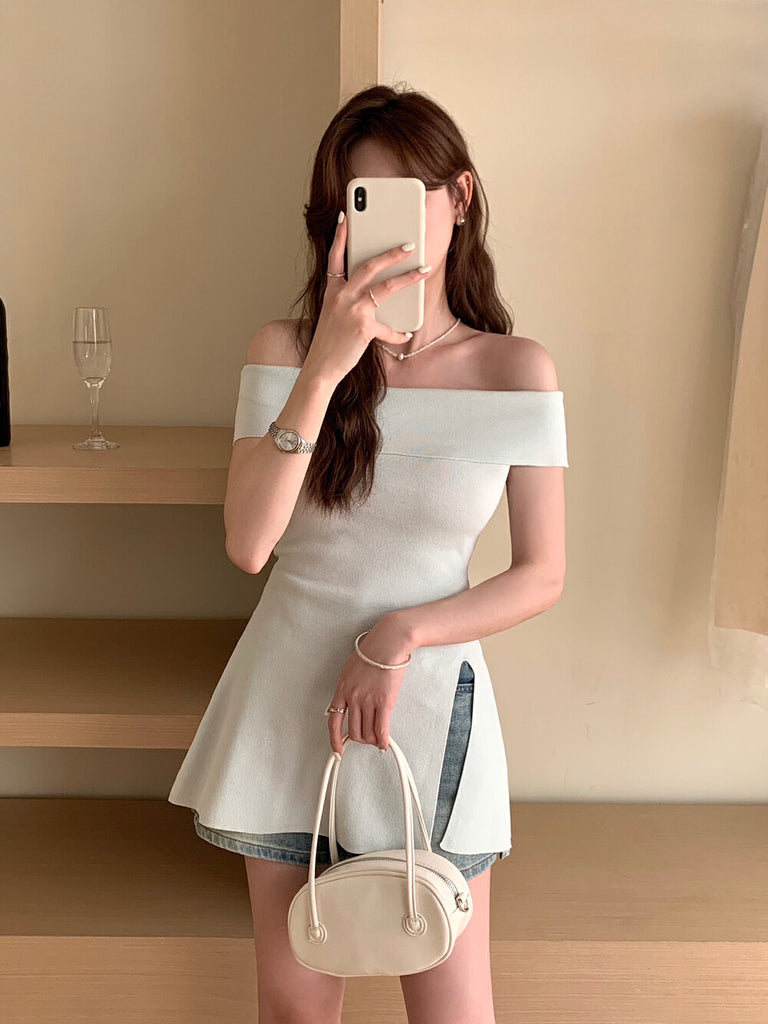 Fold-over Off Shoulder Side Slit Knitted Top