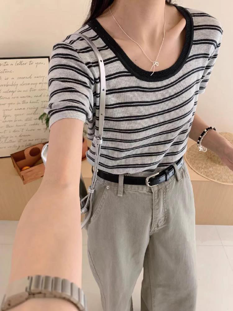 All Match Daily Outfit Stripe Knitted Top