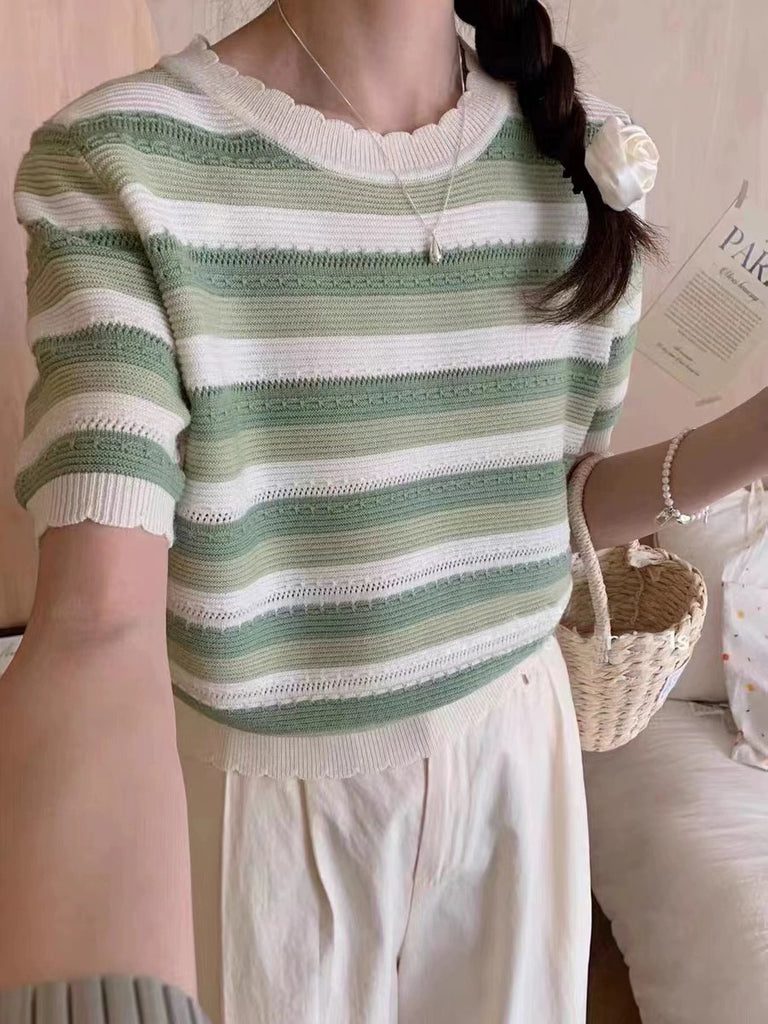 Embossed Multi Stripe Eyelet Notch Pattern Round Neck Loose Knitted Top