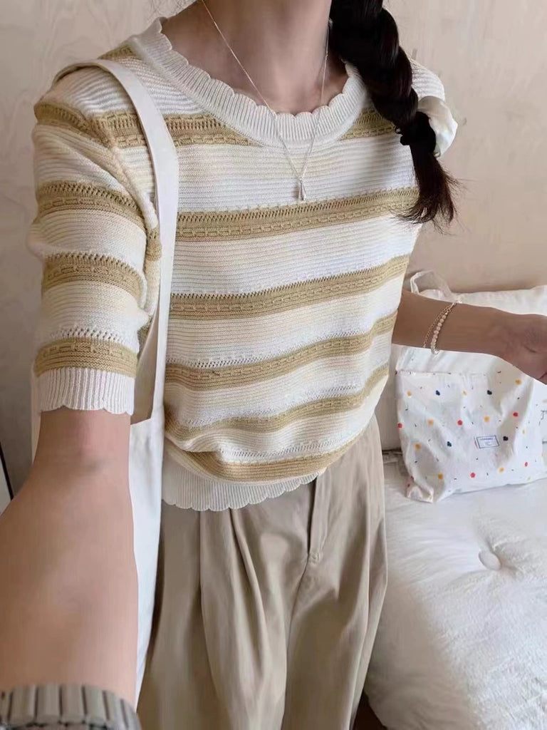 Embossed Multi Stripe Eyelet Notch Pattern Round Neck Loose Knitted Top