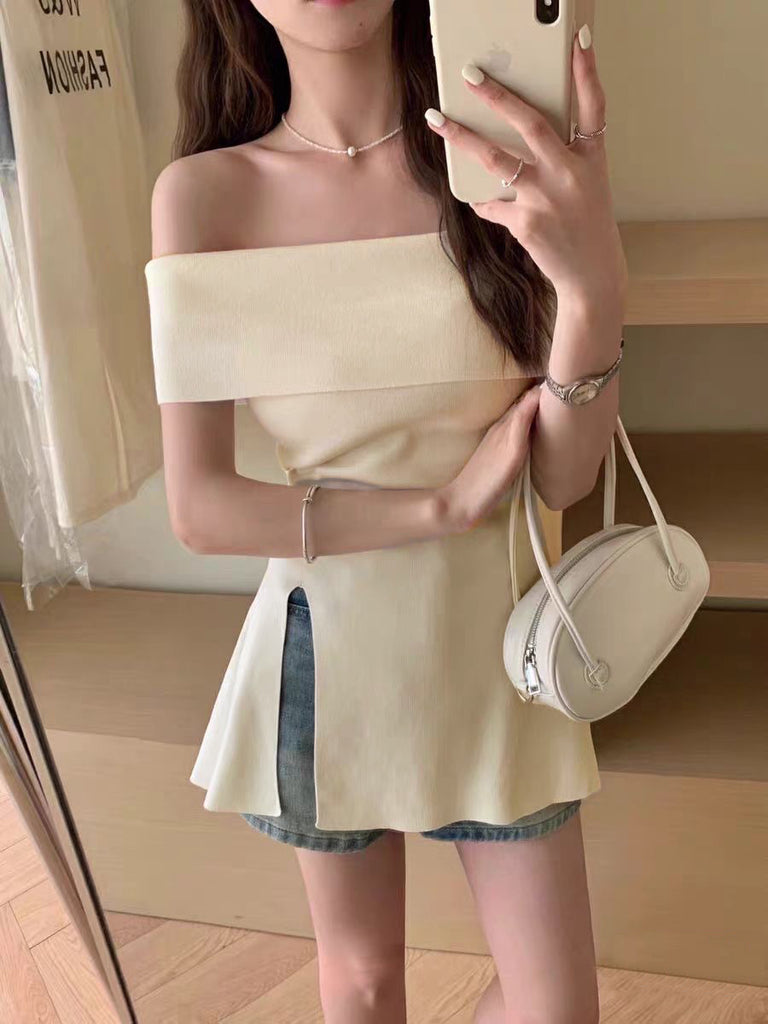 Fold-over Off Shoulder Side Slit Knitted Top