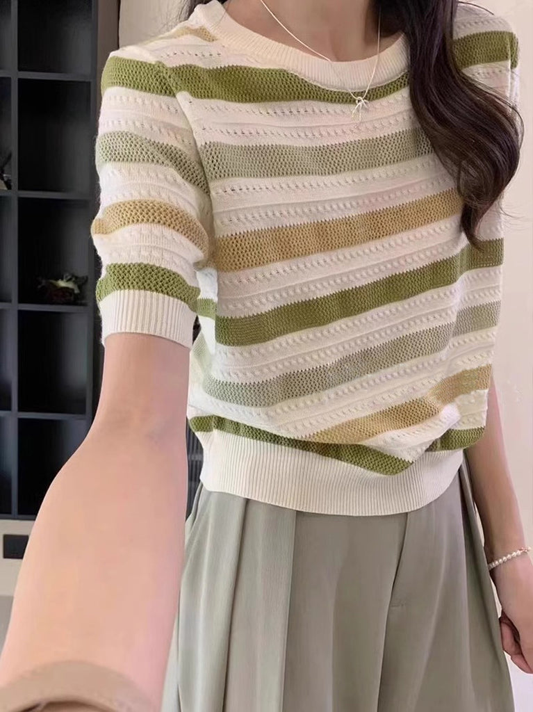 Eyelet Pattern Multi Color Stripe Loose Knitted Top