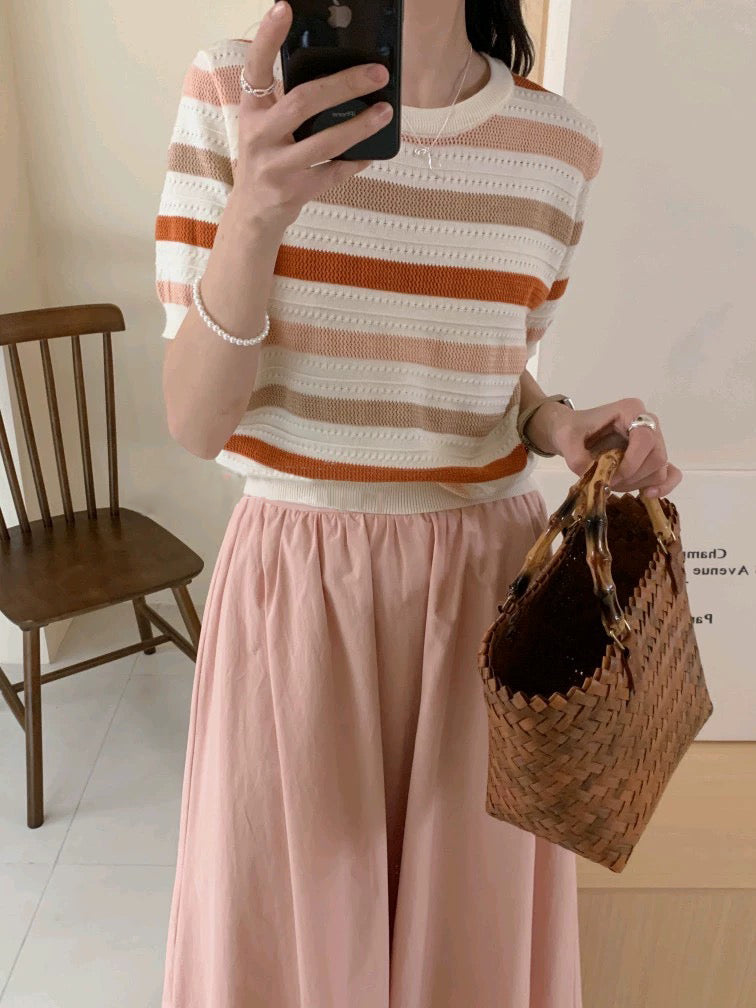 Eyelet Pattern Multi Color Stripe Loose Knitted Top