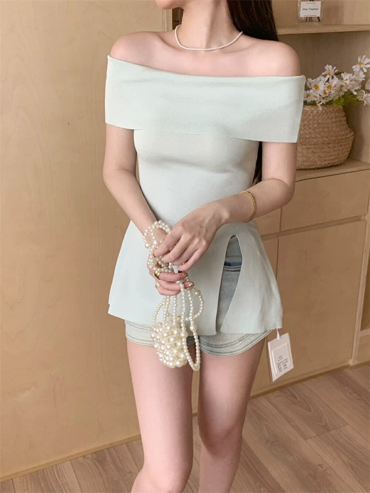 Fold-over Off Shoulder Side Slit Knitted Top