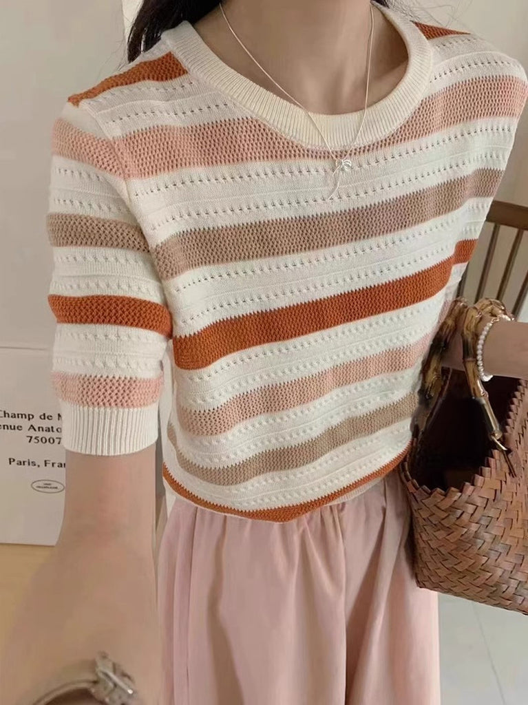 Eyelet Pattern Multi Color Stripe Loose Knitted Top