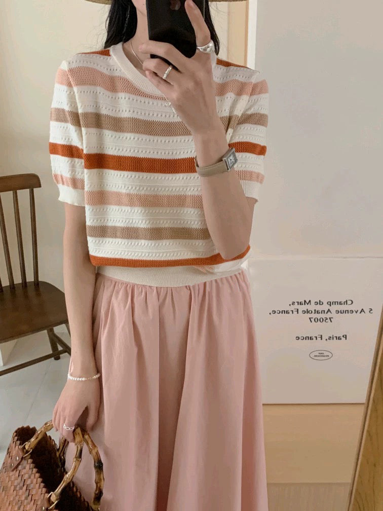 Eyelet Pattern Multi Color Stripe Loose Knitted Top