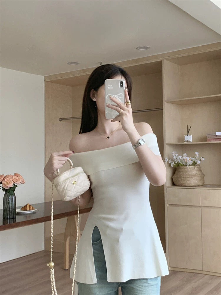 Fold-over Off Shoulder Side Slit Knitted Top